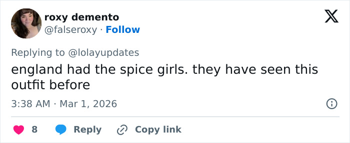 Tweet screenshot showing a fan humorously comparing Lola Young’s oil container outfit on the Brit Awards 2026 red carpet. Tweet screenshot showing a fan humorously comparing Lola Young’s oil container outfit on the Brit Awards 2026 red carpet.