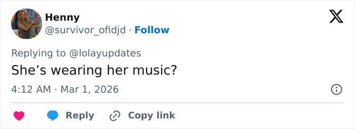 Tweet from user Henny questioning an outfit, referencing an oil container look at the Brit Awards 2026 red carpet. Tweet from user Henny questioning an outfit, referencing an oil container look at the Brit Awards 2026 red carpet.