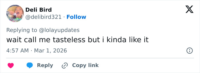 Tweet from Deli Bird humorously reacting to Lola Young's oil container-inspired outfit on the Brit Awards 2026 red carpet. Tweet from Deli Bird humorously reacting to Lola Young's oil container-inspired outfit on the Brit Awards 2026 red carpet.