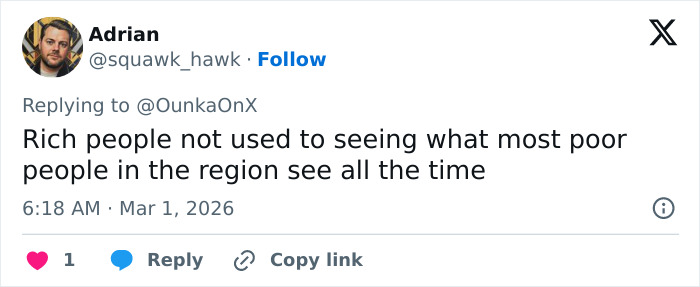 Screenshot of a tweet criticizing influencers for entitlement during Iran&rsquo;s Dubai strikes, highlighting regional inequality.