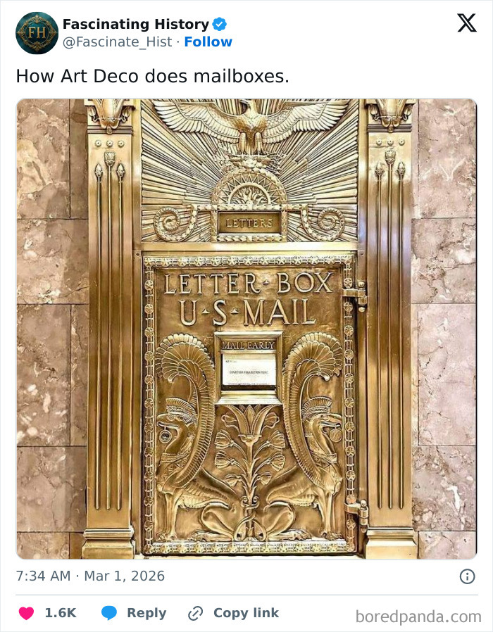 Art Deco mailbox with intricate historical design highlighting treasures that show the past was more advanced than imagined.