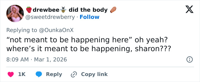 Tweet from user sweetdrewberry replying about influencers filming amid Iran's Dubai strikes, sparking online fury and controversy.