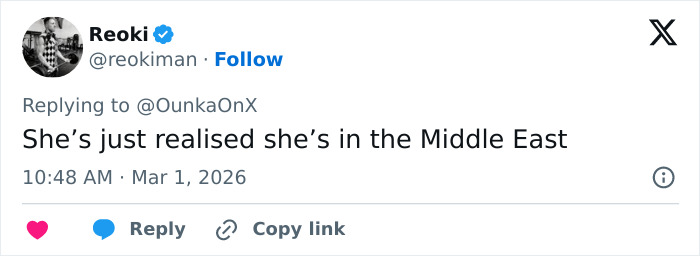 Screenshot of a tweet reacting to influencers rushing to film themselves amid Iran's Dubai strikes controversy.