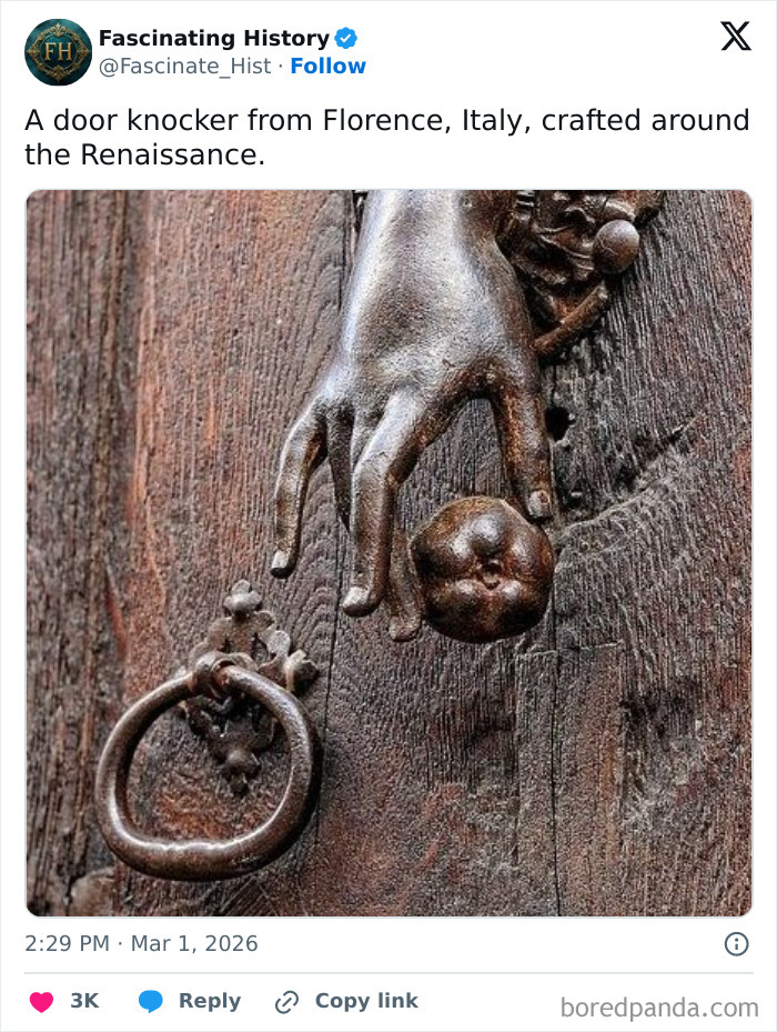 Renaissance-era door knocker from Florence, Italy, showcasing an interesting historical treasure of advanced past craftsmanship.