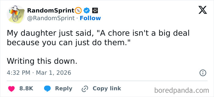 Tweet showing a funny parent-kid conversation about chores, highlighting humor in family interactions.