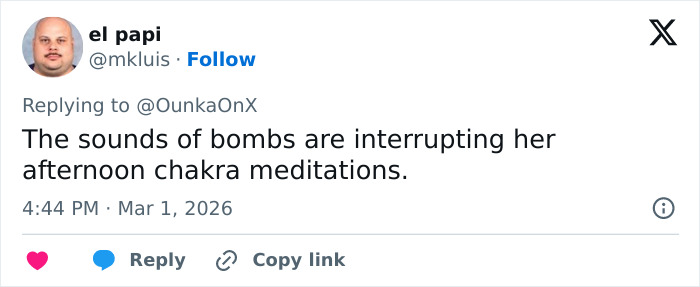 Tweet screenshot showing a user commenting on the sounds of bombs interrupting chakra meditations amid Dubai strikes.