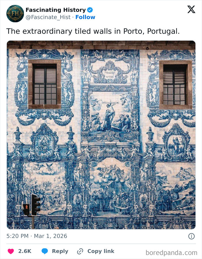 Blue and white historical tiled walls in Porto, Portugal showcasing intricate designs and advanced past craftsmanship.