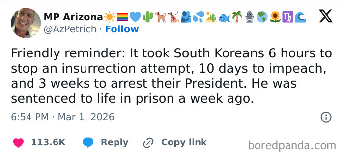 Tweet discussing political accountability, highlighting South Korea's swift action on insurrection and presidential arrest.