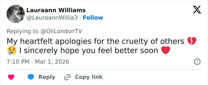 Social media post showing a heartfelt apology addressing cruelty and support after Kelly Osbourne's Brit Awards look goes viral.