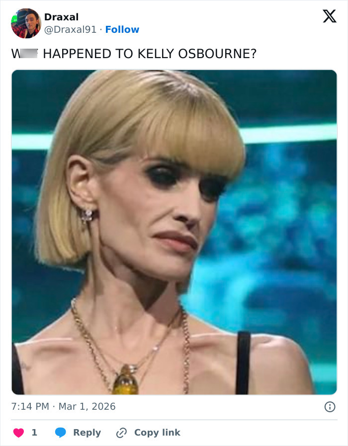 Kelly Osbourne with short blonde hair and bold makeup responding to trolls after Brit Awards look goes viral.