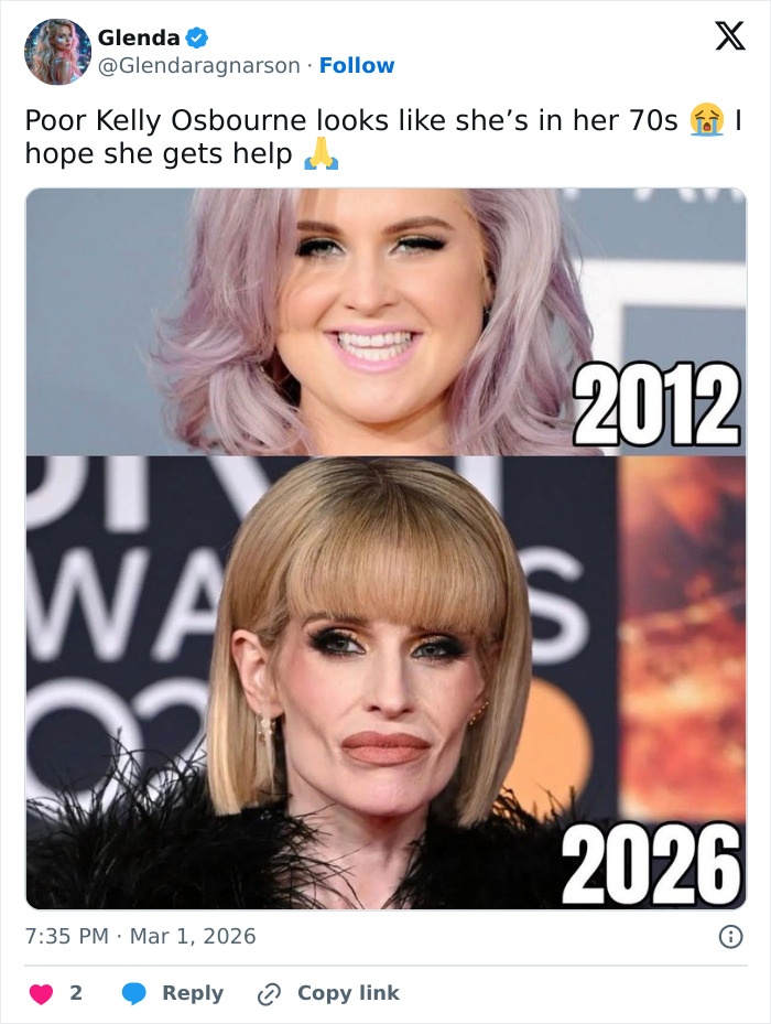 Kelly Osbourne at two different events, showing a dramatic transformation in style and appearance between 2012 and 2026.