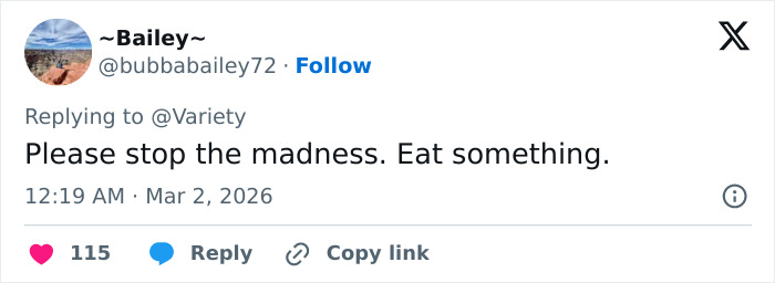 Tweet by user Bailey replying to Variety, commenting on disturbing detail noticed in photos of Maude Apatow at Oscars party.