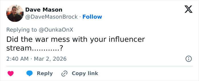 Screenshot of a tweet questioning if the war disrupted an influencer stream amid Iran's Dubai strikes controversy.