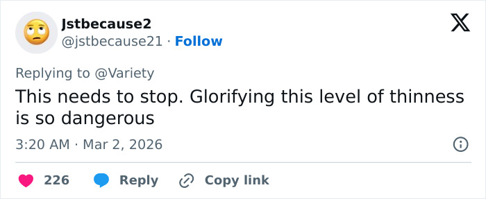 Screenshot of tweet criticizing glorifying thinness, related to disturbing detail in photos of Maude Apatow at Oscars party.