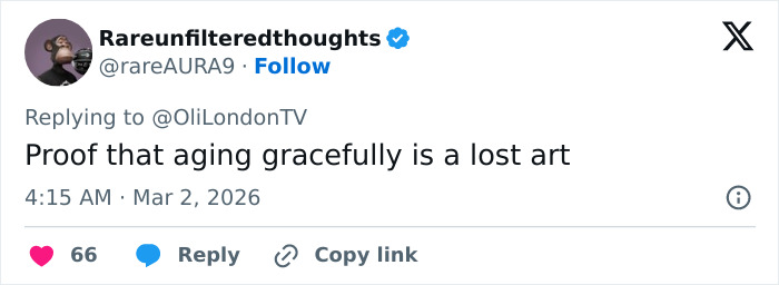Tweet by Rareunfilteredthoughts about aging gracefully as a beauty standard, posted on social media in 2026.