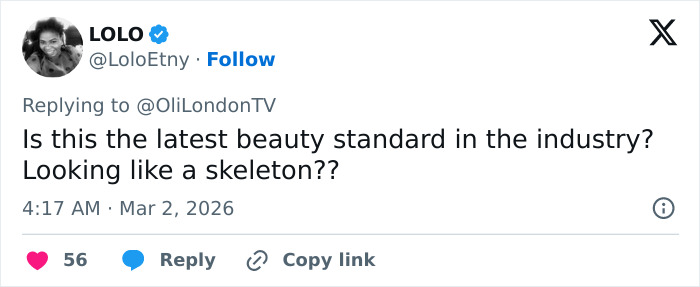 Social media user questioning the latest beauty standard, commenting on a red carpet transformation debate.