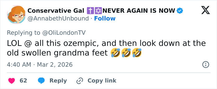 Tweet screenshot showing a user commenting humorously on old swollen feet, related to latest beauty standard debates.