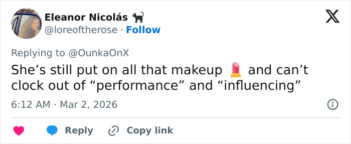 Tweet by Eleanor Nicol&aacute;s criticizing influencers for prioritizing performance and influencing amid Iran Dubai strikes controversy.