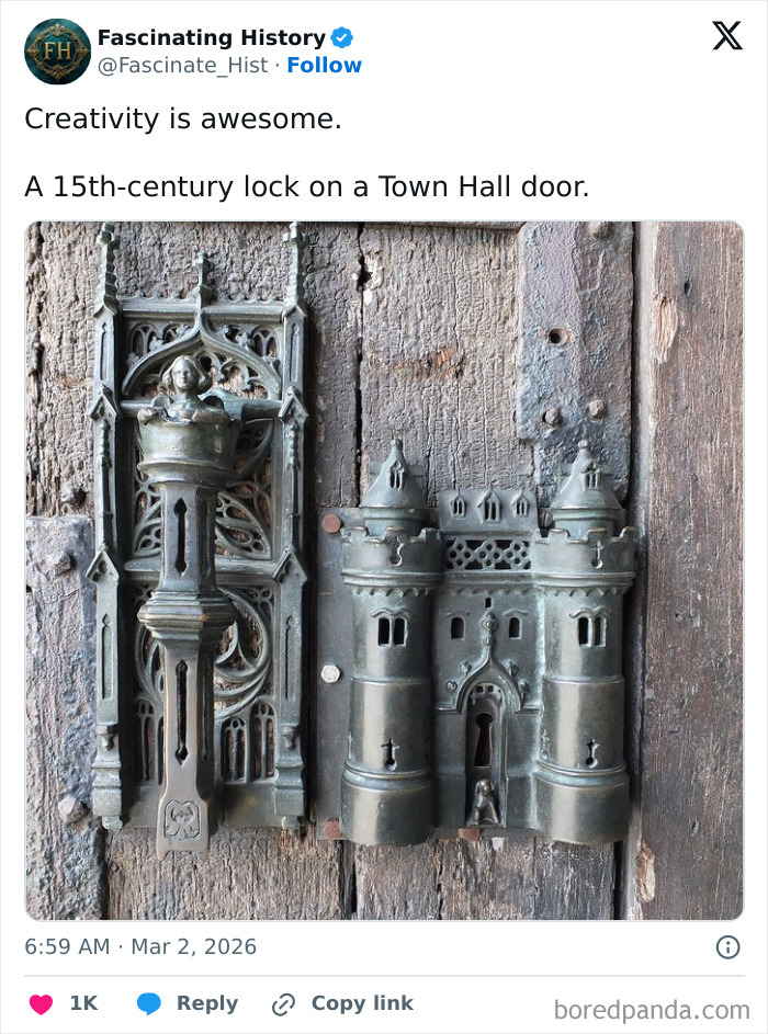 15th-century intricately designed lock on a wooden Town Hall door, showcasing advanced historical craftsmanship and creativity.