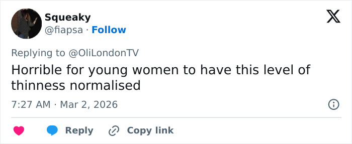 User&rsquo;s tweet expressing concern about the latest beauty standard promoting unhealthy thinness among young women.