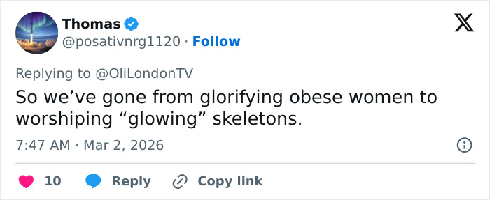 User comment on social media discussing Demi Moore's red carpet transformation and the latest beauty standard debate.