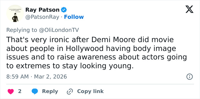 Tweet discussing Demi Moore's red carpet transformation and the latest beauty standard debates in Hollywood.