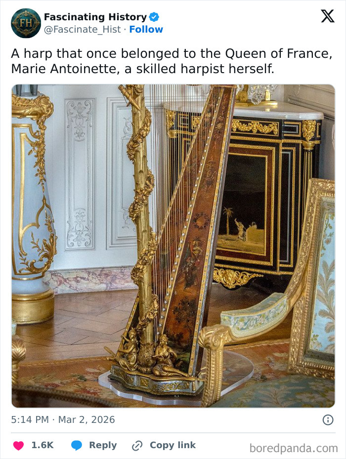 Ornate historical harp from Queen Marie Antoinette’s era, showcasing intricate design and craftsmanship as a historical treasure.