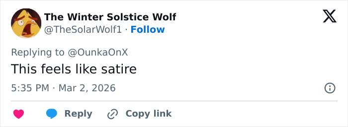 Tweet from user The Winter Solstice Wolf reacting with satire to influencers filming amid Iran Dubai strikes controversy.