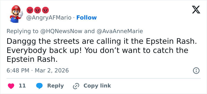 Screenshot of a tweet discussing the Epstein Rash in relation to doctors weighing in on Trump&rsquo;s neck rash.