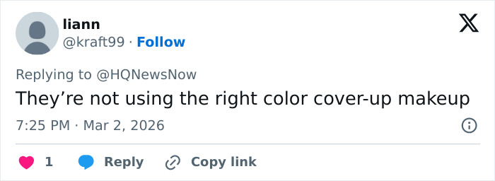 Screenshot of a tweet criticizing makeup choice related to Trump's neck rash amid doctors&rsquo; suggestions on likely cause and treatment.