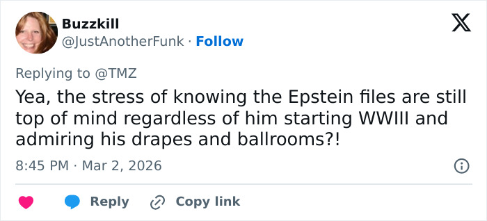 Tweet screenshot showing a user commenting on Epstein files and stress, related to doctors weighing in on Trump&rsquo;s neck rash.