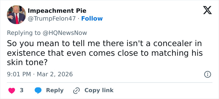 Tweet discussing the challenge of finding concealer to match skin tone amid doctors' opinions on Trump's neck rash.