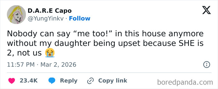 Tweet showing a funny and honest parenting struggle about a toddler upset when others say me too, highlighting real parent challenges.