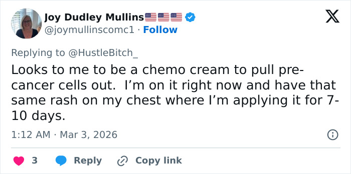 Screenshot of a tweet discussing a chemo cream related to a rash, relevant to doctors weighing in on Trump&rsquo;s neck rash cause.