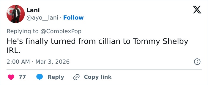 Tweet discussing Cillian Murphy&rsquo;s appearance and the heated debate about how he has aged over time.