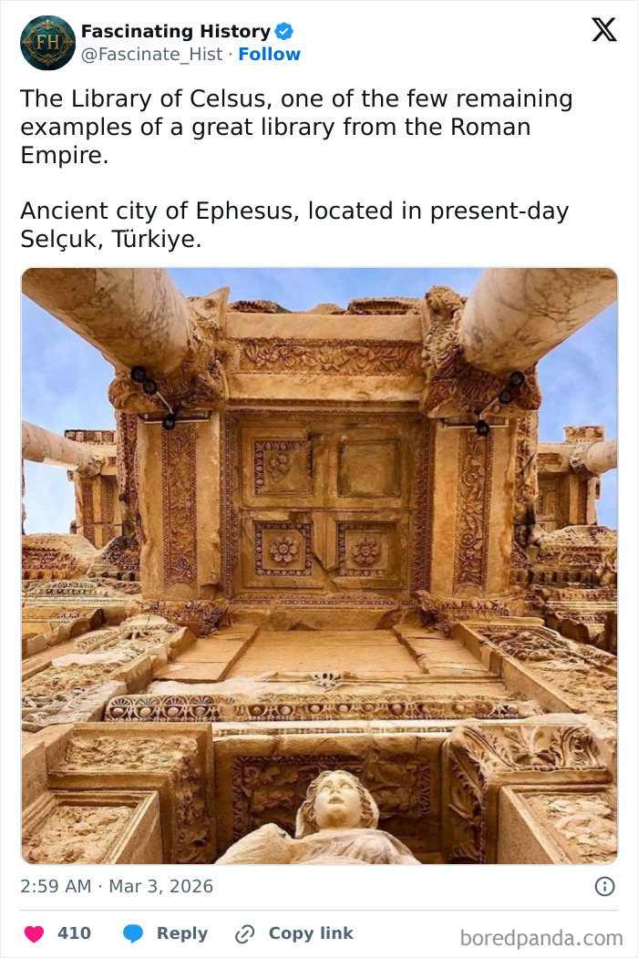 Ancient Library of Celsus facade with detailed Roman architecture and sculptures showcasing historical treasures and advanced past.