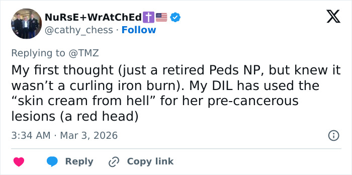 Tweet from retired pediatric nurse practitioner sharing thoughts on Trump&rsquo;s neck rash and possible causes with skin cream reference