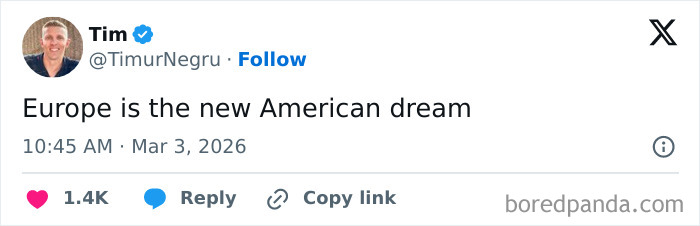 Screenshot of a social media post about politics stating Europe is the new American dream with engagement icons visible.