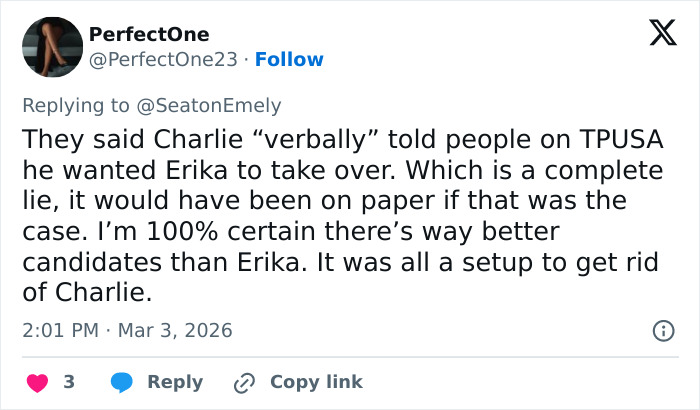 Tweet discussing Erika Kirk&rsquo;s response to allegations involving her kids and Charlie&rsquo;s legacy amid mounting criticism.