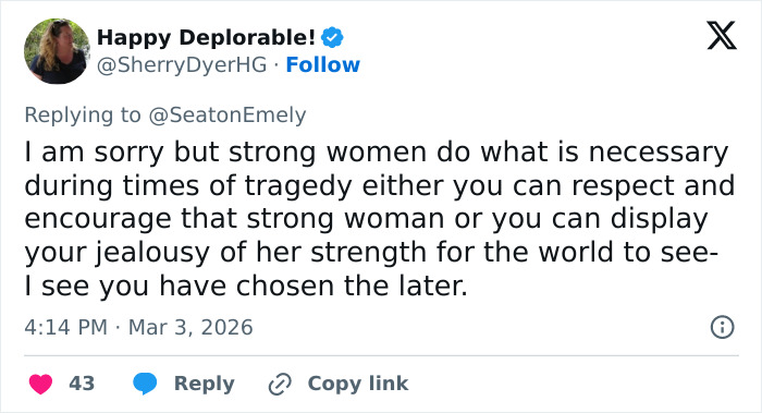Screenshot of a tweet replying about strong women amid tragedy relating to Erika Kirk and Charlie&rsquo;s legacy allegations.
