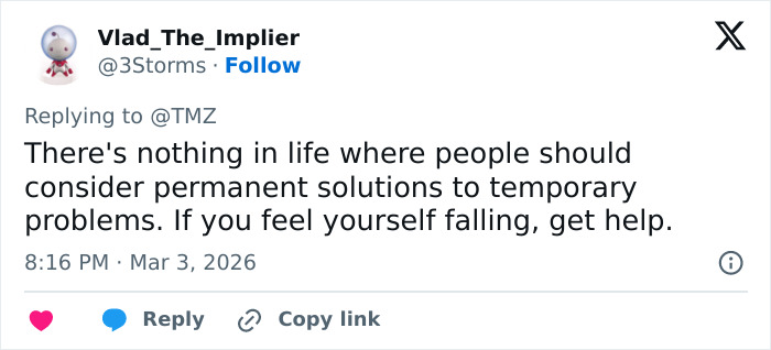 Tweet from user Vlad_The_Implier discussing the cause behind Katherine Short’s passing and urging to seek help. Tweet from user Vlad_The_Implier discussing the cause behind Katherine Short’s passing and urging to seek help.
