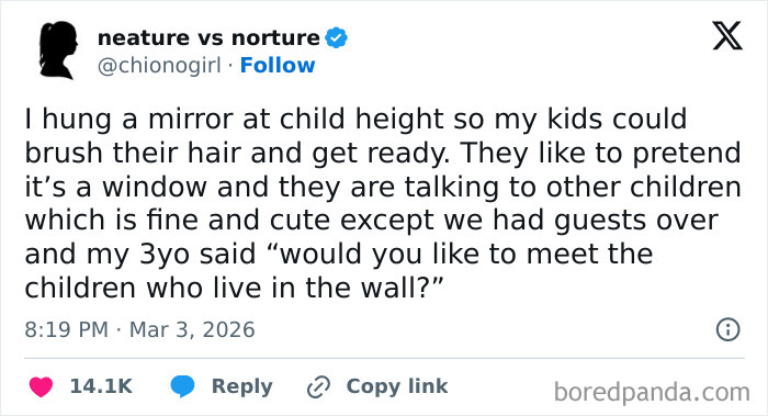 Tweet from funny and honest parents sharing relatable struggles of parenting, including kids’ imaginative play with a child-height mirror.