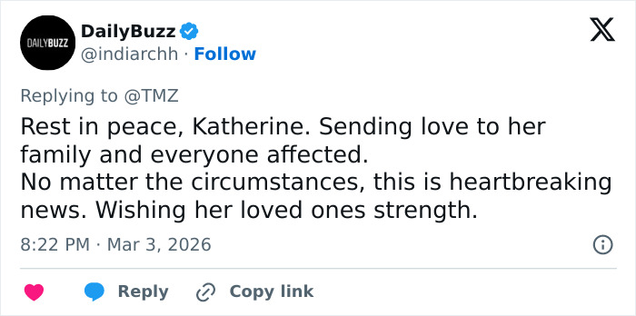 Tweet expressing condolences for Katherine Short with cause behind Katherine Short’s passing finally disclosed. Tweet expressing condolences for Katherine Short with cause behind Katherine Short’s passing finally disclosed.