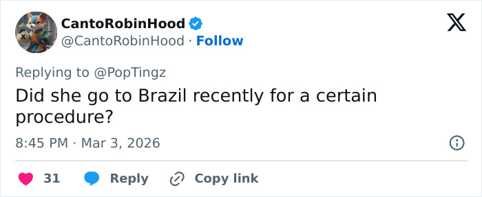 Tweet asking if Megan Fox recently went to Brazil for a certain procedure, referencing Did She Get A BBL question. Tweet asking if Megan Fox recently went to Brazil for a certain procedure, referencing Did She Get A BBL question.