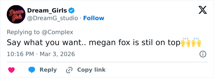 Screenshot of a tweet from Dream_G_studio praising Megan Fox's popularity amid BBL speculation on Instagram. Screenshot of a tweet from Dream_G_studio praising Megan Fox's popularity amid BBL speculation on Instagram.