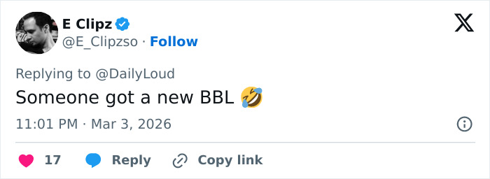 Tweet showing a user joking about someone getting a new BBL, referencing Megan Fox’s Instagram photos sparking frenzy. Tweet showing a user joking about someone getting a new BBL, referencing Megan Fox’s Instagram photos sparking frenzy.