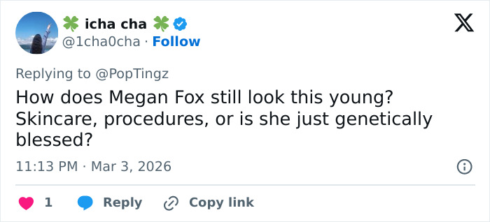Screenshot of a tweet questioning if Megan Fox got a BBL, discussing her youthful look and skincare routines. Screenshot of a tweet questioning if Megan Fox got a BBL, discussing her youthful look and skincare routines.