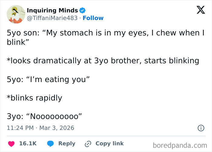 Tweet showing funny and honest parents sharing unexpected struggles of parenting through child dialogue and actions.
