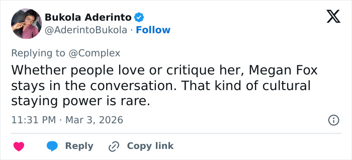 Tweet from Bukola Aderinto discussing Megan Fox’s cultural staying power amid critiques and praise on social media. Tweet from Bukola Aderinto discussing Megan Fox’s cultural staying power amid critiques and praise on social media.