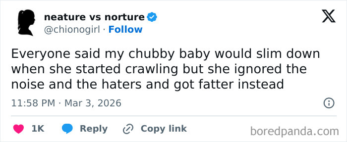 Tweet about a chubby baby who gained weight despite crawling, highlighting funny and honest parents sharing struggles.